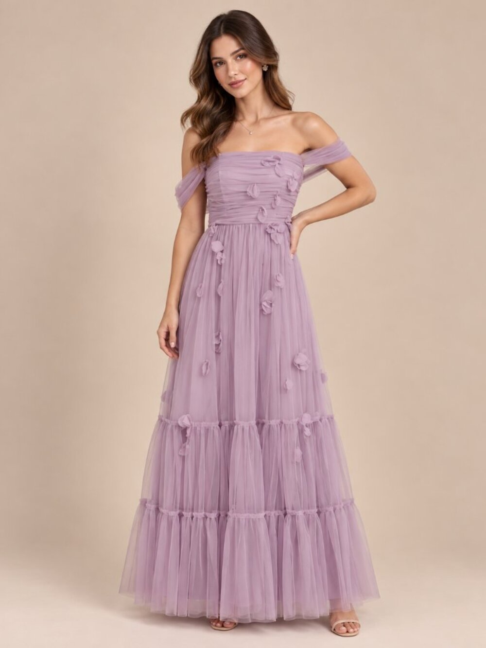 159- Purple Pink Flower Petal Mesh Off Shoulder Tiered Maxi Dress